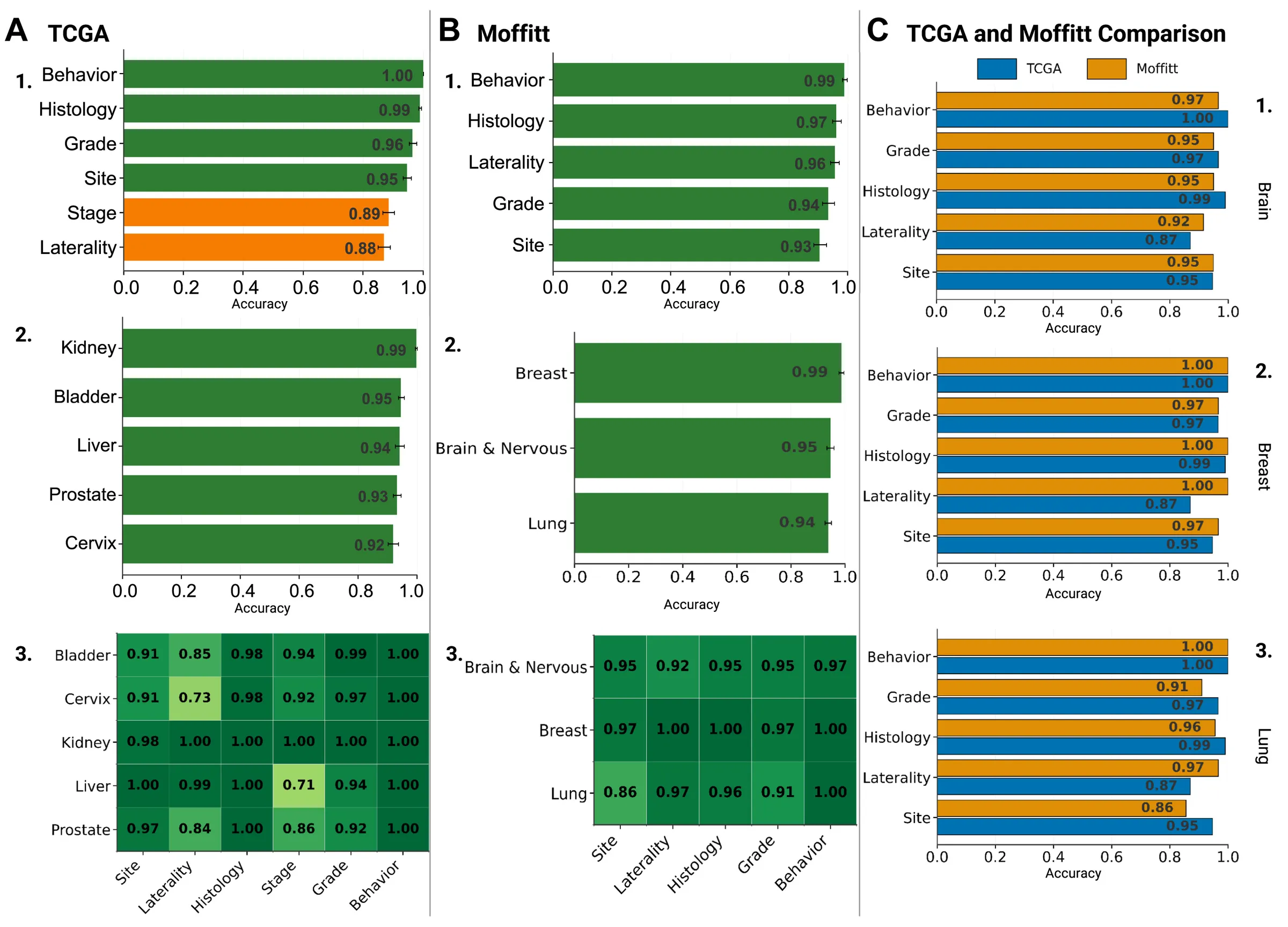 Three-column results figure of pathologist-scored accuracy. Column A, TCGA: bars by variable from behavior 1.00 down to stage 0.89 and laterality 0.88; bars by organ from kidney 0.99 to cervix 0.92; and a five-organ by six-variable heatmap whose lowest cells are cervix laterality 0.73 and liver stage 0.71. Column B, Moffitt: bars by variable from behavior 0.99 to site 0.93, by organ (breast 0.99, brain and nervous 0.95, lung 0.94), and a three-organ heatmap. Column C: paired TCGA and Moffitt bars for each variable in brain, breast and lung.