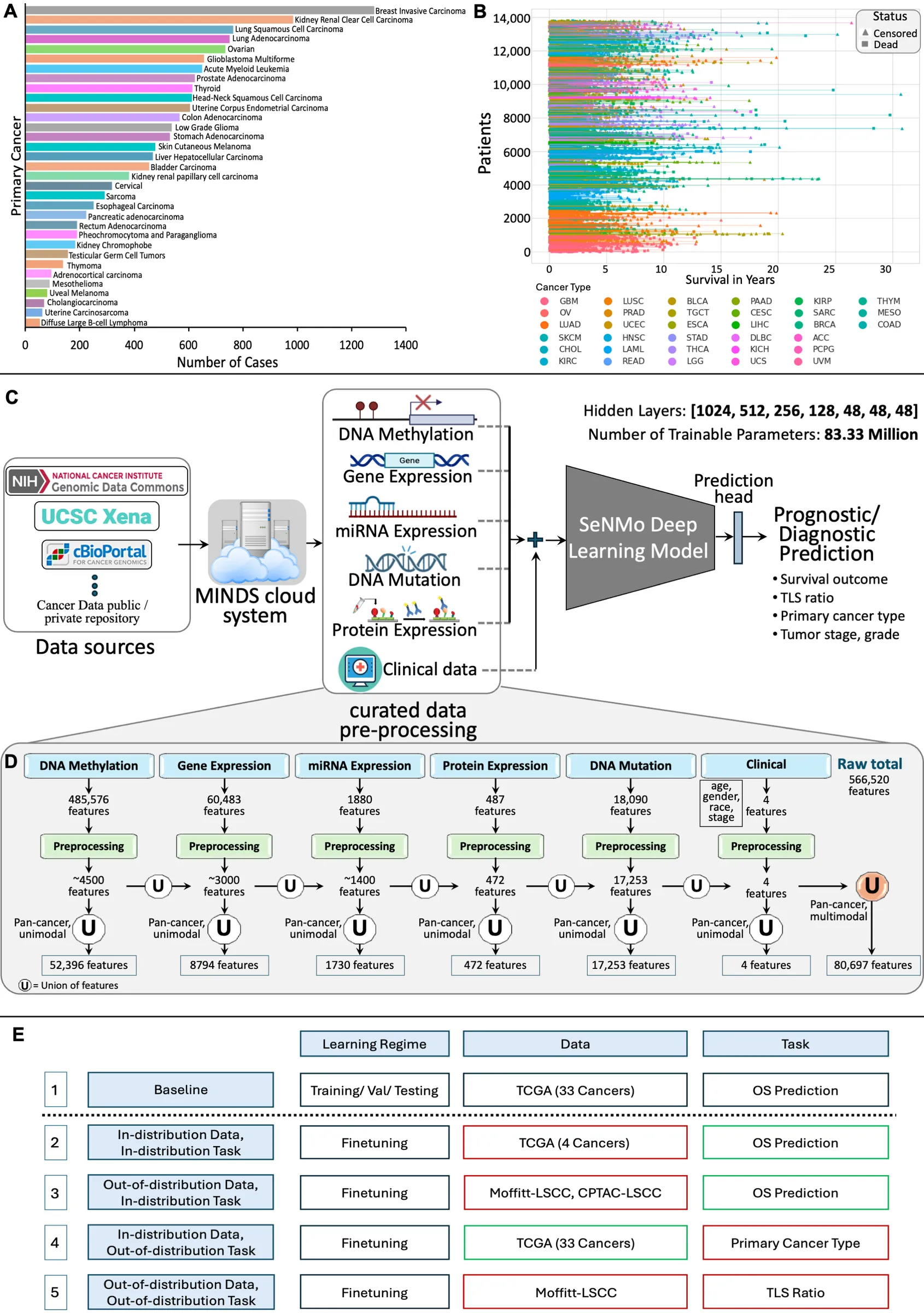 Five-panel figure. A: horizontal bar chart of case counts for 33 TCGA cancer types, from breast invasive carcinoma at about 1,250 down to diffuse large B-cell lymphoma. B: per-patient survival lines up to about 30 years, colored by cancer type. C: data sources (NCI Genomic Data Commons, UCSC Xena, cBioPortal) feed the MINDS cloud system, which supplies DNA methylation, gene expression, miRNA, mutation, protein and clinical data to the SeNMo model with hidden layers 1024, 512, 256, 128, 48, 48, 48 and a prediction head for survival, TLS ratio, cancer type and stage. D: per-modality preprocessing from 566,520 raw features to 80,697 unified features. E: table of five study settings across learning regime, data and task.